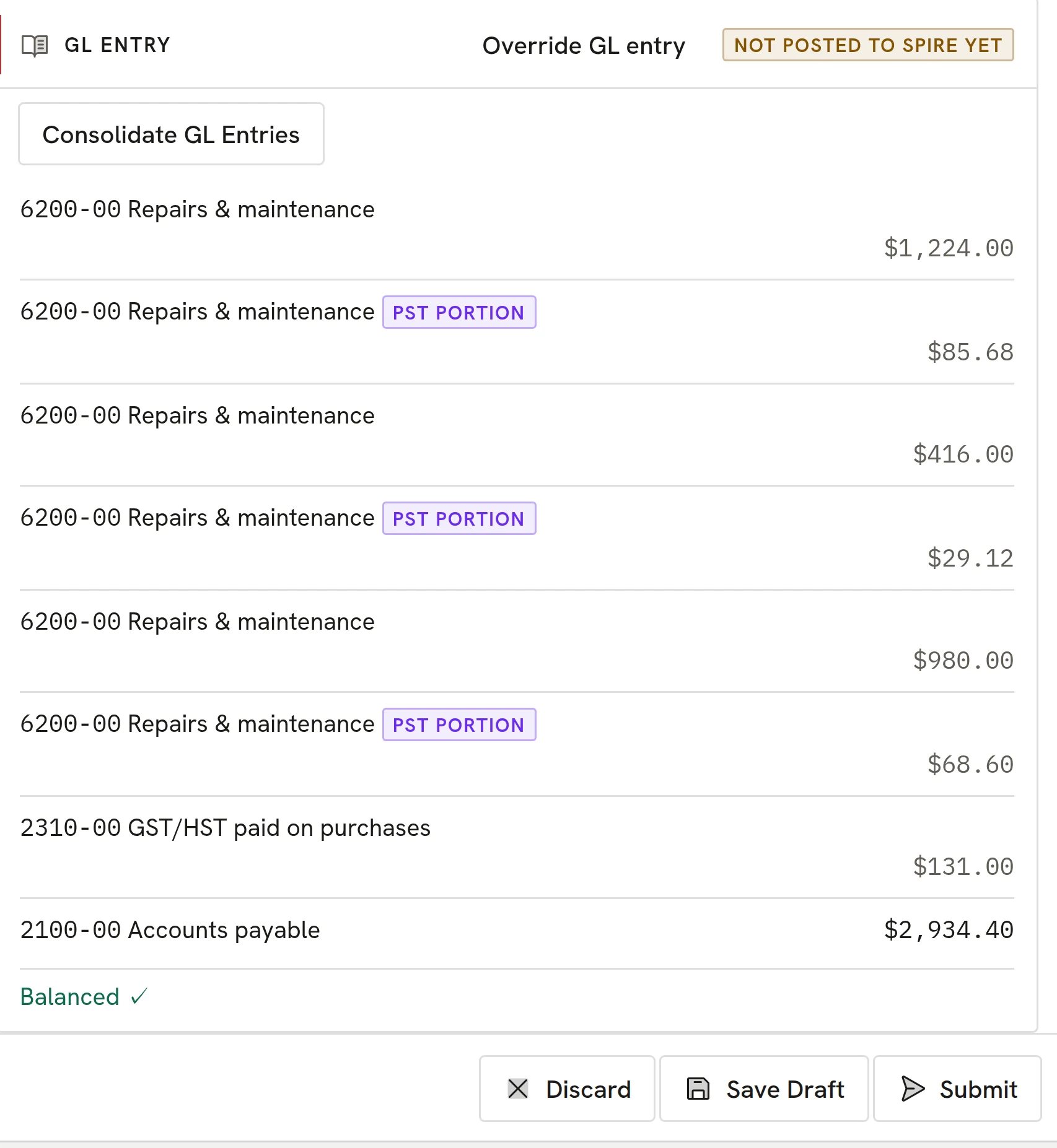 A GL entry with PST portions added to each expense line and GST to its own account.