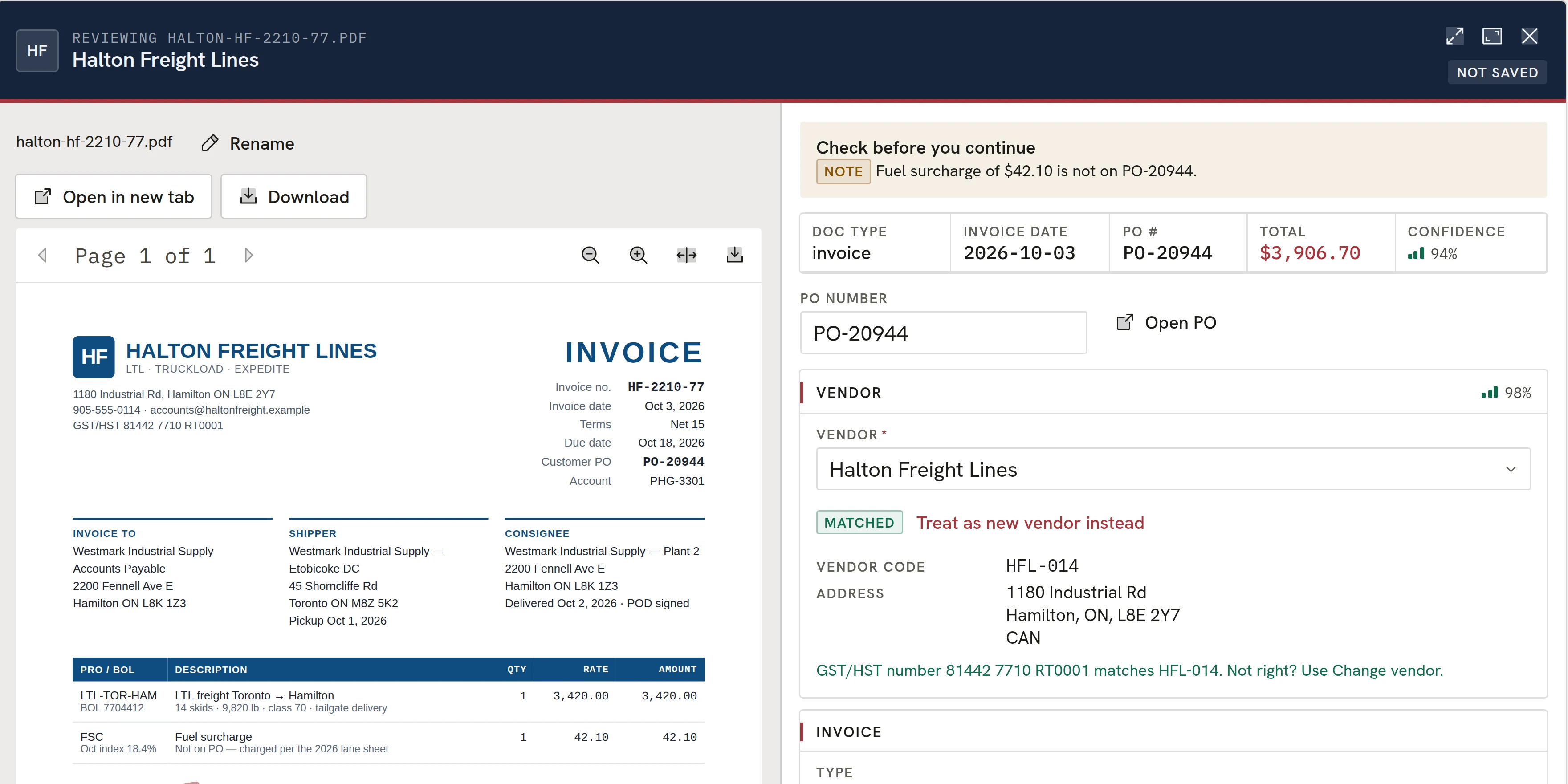 A Halton Freight Lines invoice PDF beside the fields Ingrid read, with confidence scores and a note that a fuel surcharge is not on the PO.