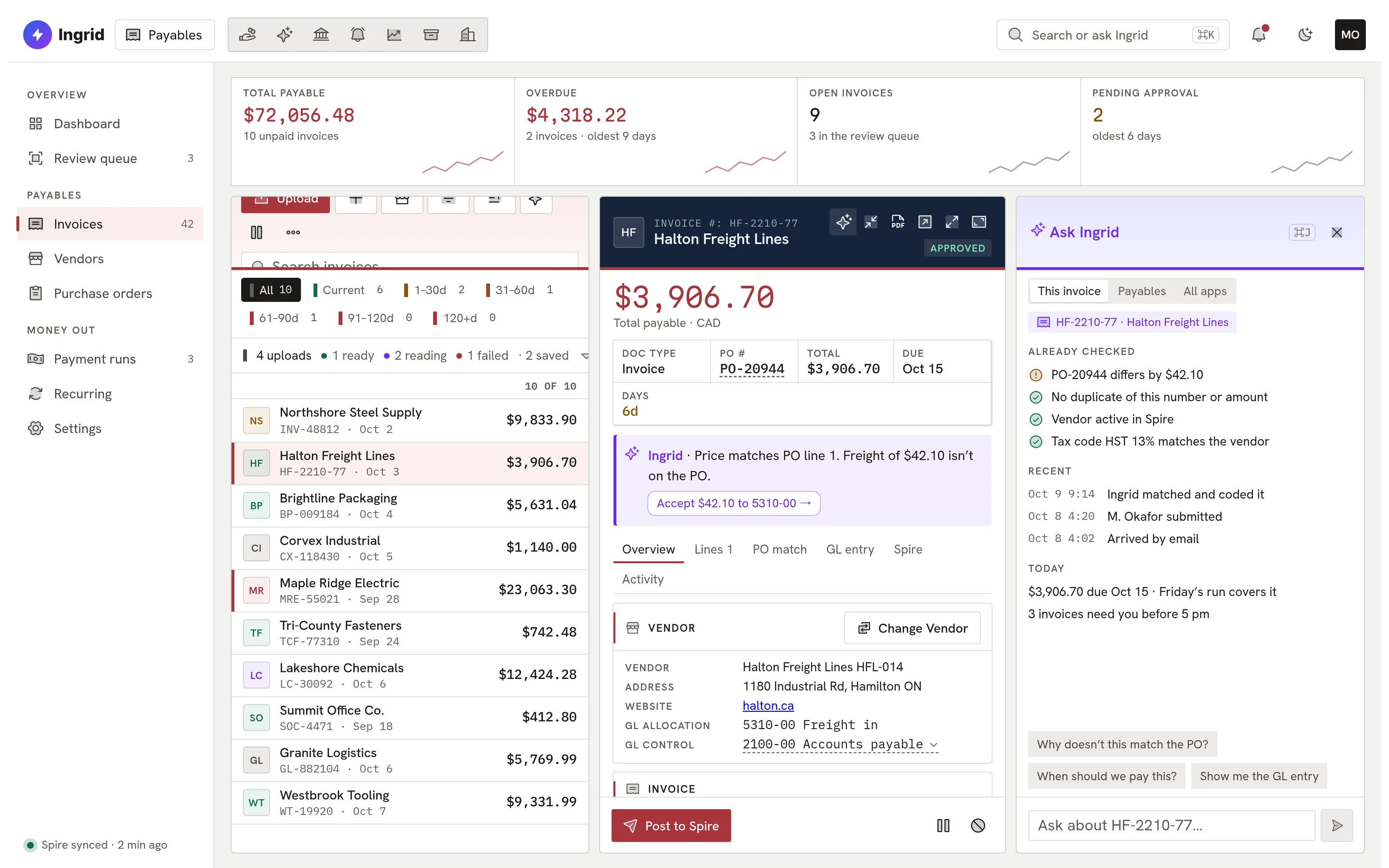 The Ask Ingrid panel beside an invoice, listing the checks already run and suggested questions.