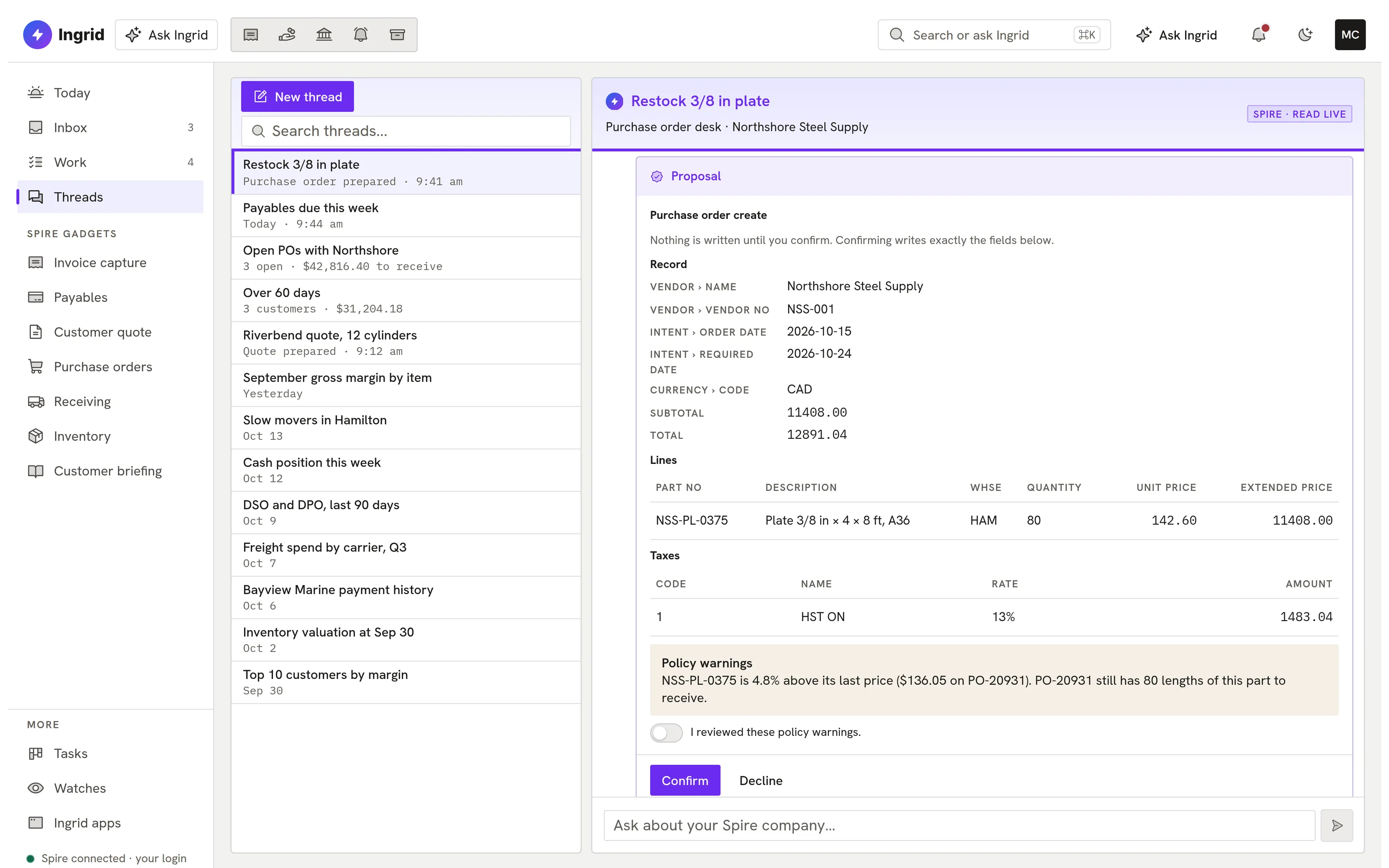 Ask Ingrid: a prepared purchase order showing the exact fields it would write, a policy warning, and Confirm and Decline.